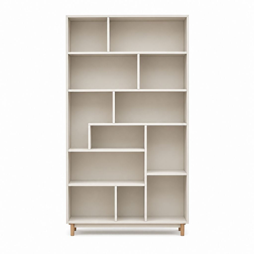 Bibliothèque rectangulaire beige en panneaux de particules mélaminés avec pieds en bois massif 90 x 30 x 200 cm