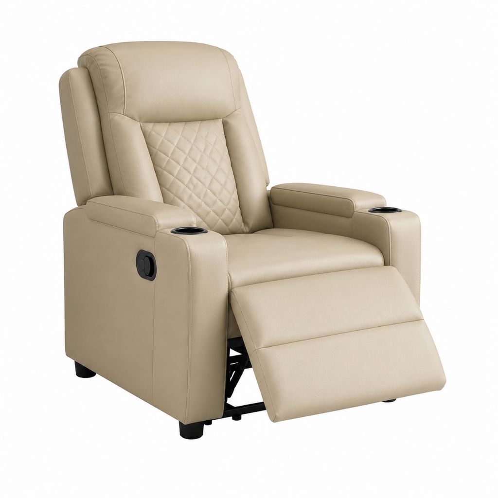 Fauteuil relax inclinable manuel beige en cuir synthétique PU avec porte-gobelets 88 x 94 x 104 cm