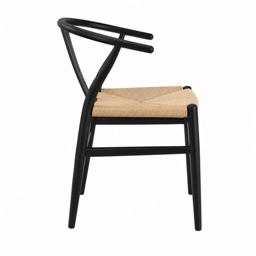 Chaise de salle à manger en hêtre massif noir à dossier en Y et assise tressée en papier 56 x 57 x 76 cm