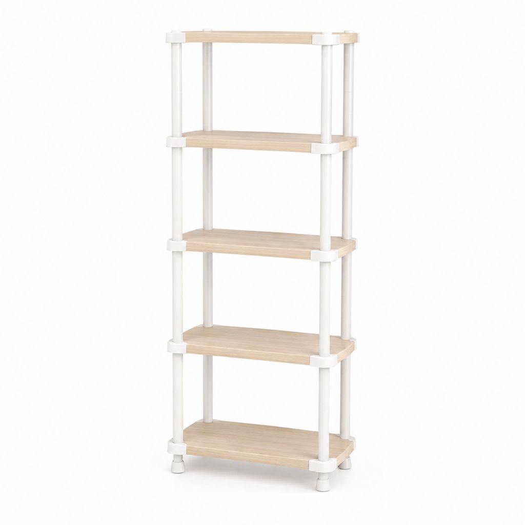 Étagère de rangement sur pied rectangulaire 5 niveaux blanc et chêne clair en acier et MDF 60 x 30 x 150 cm