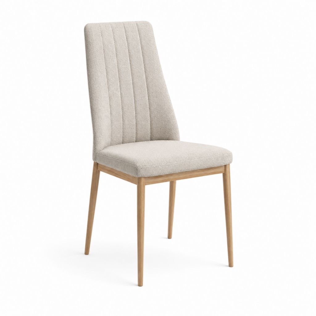Chaise de salle à manger beige en polyester bouclé et hévéa massif à dossier rectangulaire 48 x 60 x 91 cm