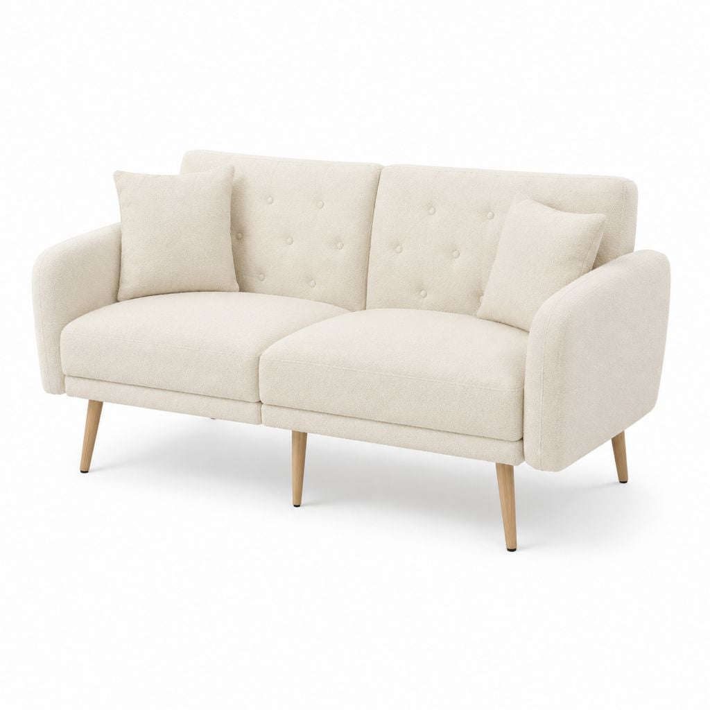 Canapé droit 2 places écru en polyester avec pieds en bois massif 150 x 82 x 85 cm
