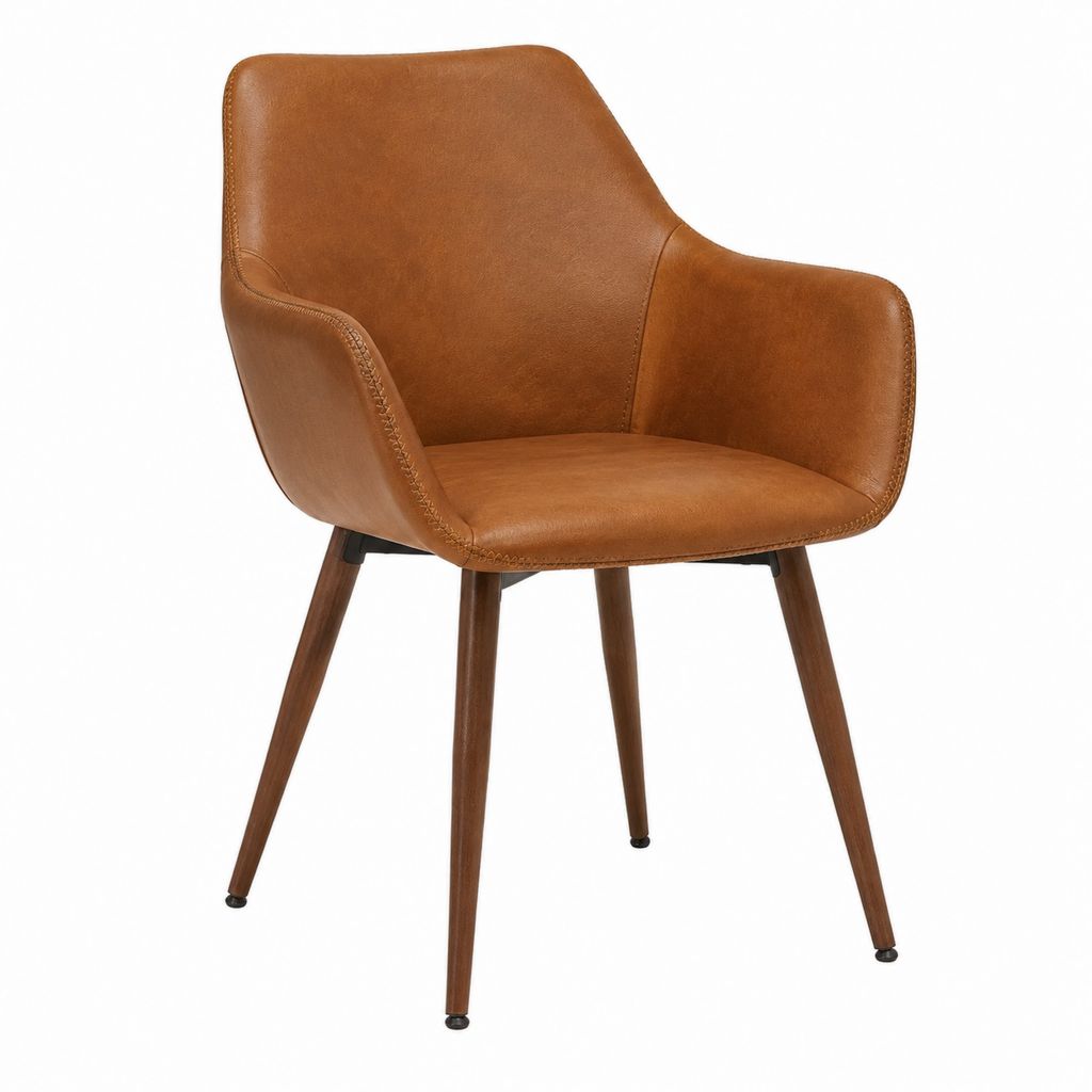Chaise de salle à manger avec accoudoirs cognac en cuir synthétique PU et acier finition noyer 57 x 60 x 84 cm