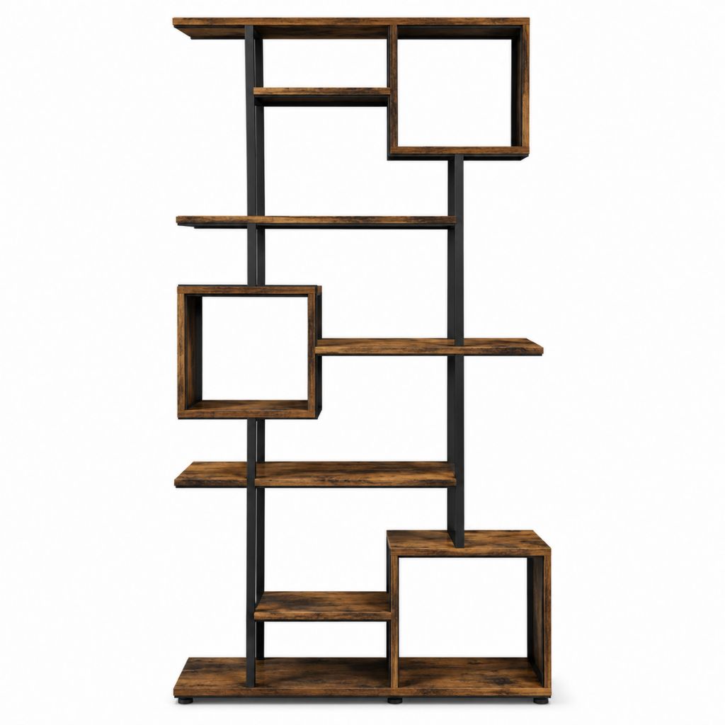 Bibliothèque étagère asymétrique marron et noir en panneaux MDF et acier 80 x 30 x 180 cm